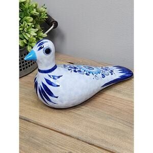 Tonala Mexican Pottery Blue Bird Sculpture Hand Painted Mexican Folk Art